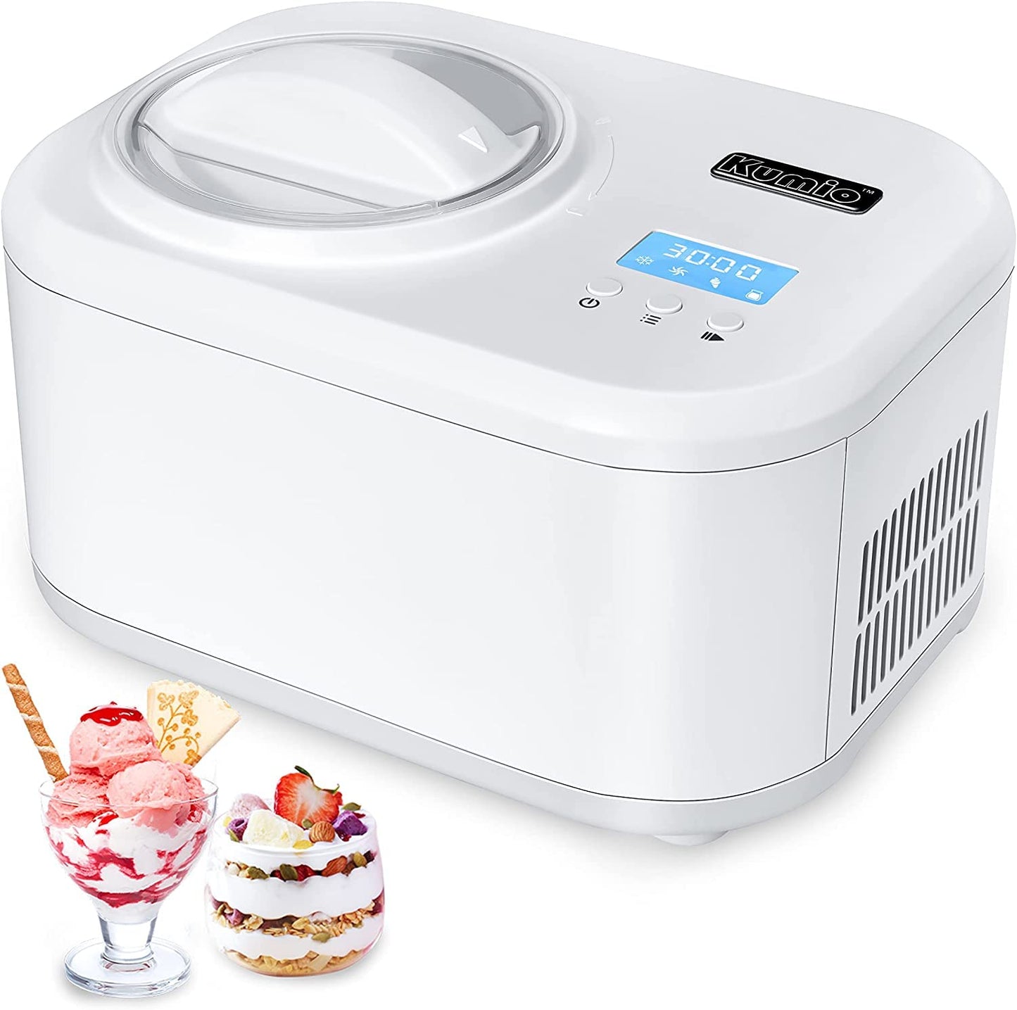 KUMIO Electric Ice Cream Maker with Self-Cooling Compressor, LCD Display and Timer, White