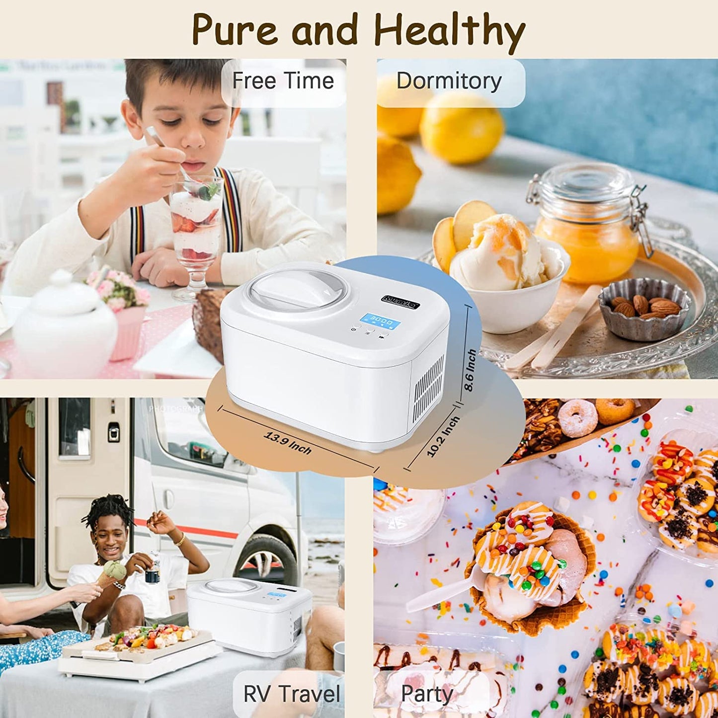 KUMIO Electric Ice Cream Maker with Self-Cooling Compressor, LCD Display and Timer, White